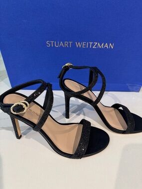 Stuart Weitzman Black Glitter Open-Toe Ankle-Strap Heels 7